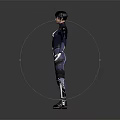 Human Character In Blue White Black Combat Suit With Helmet Standing On Gray Reflective Surface