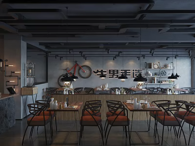 Modern Restaurant Interior Design With Hanging Lights Wooden Tables And Bicycle Decor 3d model