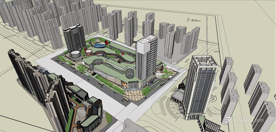 Modern Urban Office Building Complex With Central Green Space And Water Features 3d model 