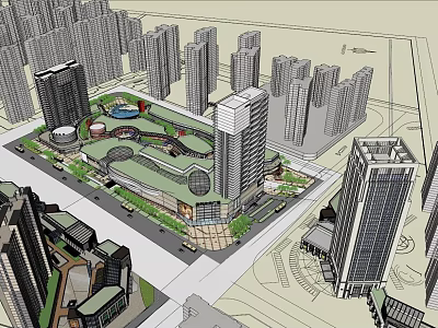 Modern Urban Office Building Complex With Central Green Space And Water Features 3d model