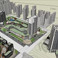 Modern Urban Office Building Complex With Central Green Space And Water Features