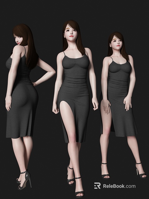 Women In Black Slit Dresses Showcasing Different Angles And Styles 3d model 