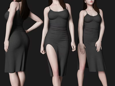 Women In Black Slit Dresses Showcasing Different Angles And Styles 3d model