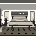 Modern Bedroom Interior With Upholstered Headboard Black And White Patterned Rug And Decorative Plants