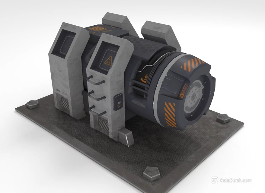 Industrial Mechanical Equipment With Gray Body Black Components Orange Warning Stripes And Metal Base 3d model 