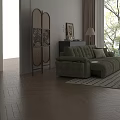 Green Velour Multi Person Sofa with Decorative Art and Floor Lamp in Modern Living Room