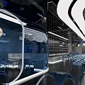 Modern Restaurant Interior With Curved Ceiling Blue Lighting And Astronaut Decor