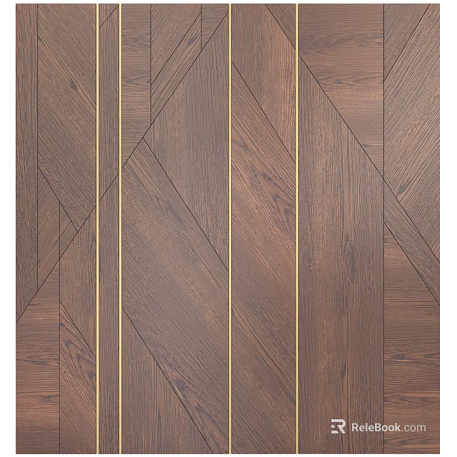 Elegant Wooden Wall Panels Featuring Geometric Herringbone Pattern And Golden Strips 3d model 