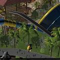 Outdoor Water Slide Amusement Equipment With Blue Yellow Design Palm Trees And Visitors