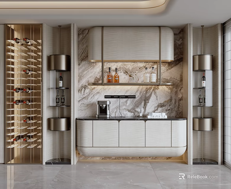 Elegant Modern Sideboard Design With Marble Backdrop Wine Rack Coffee Machine And Cabinets 3d model