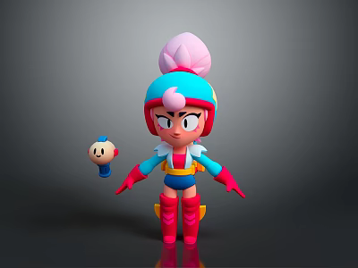 3D Cartoon Game Character With Pink Bun Hairstyle Blue Red Outfit And Small Round Companion 3d model