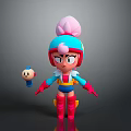 3D Cartoon Game Character With Pink Bun Hairstyle Blue Red Outfit And Small Round Companion