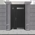 Modern Black Metal Gate With Vertical Slats Gray Stone Walls And Decorative Pillars