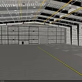 Spacious Industrial Indoor Warehouse Space With High Metal Ceiling And Yellow Floor Lines