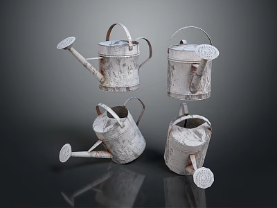 Vintage White Watering Cans With Bark Texture For Home Garden Use 3d model