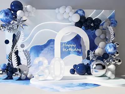 Elegant 30th Birthday Party Backdrop With Blue White Balloons And Decorative Leaves 3d model