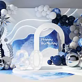 Elegant 30th Birthday Party Backdrop With Blue White Balloons And Decorative Leaves