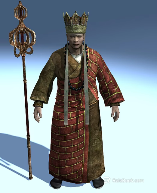 Man In Traditional Red And Brown Robe With Yellow Stripes Holding Golden Decorated Long Staff 3d model 