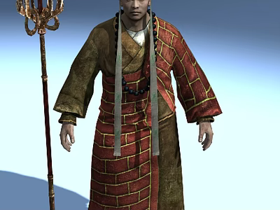 Man In Traditional Red And Brown Robe With Yellow Stripes Holding Golden Decorated Long Staff 3d model