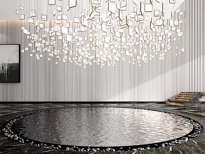 Large Modern Square Crystal Chandelier in Spacious Hall with Reflective Circular Floor and Staircase 3d model