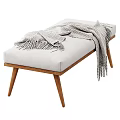 Modern Brown and Light Gray Upholstered Benches with Wooden Legs and Striped Throw Blanket