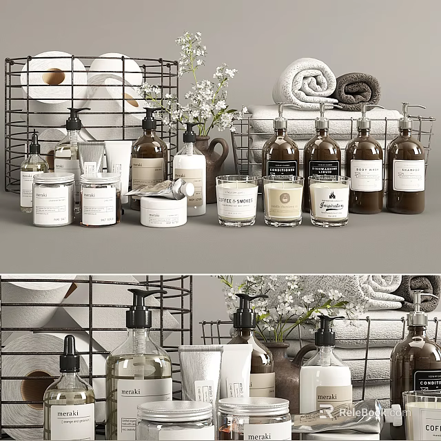 Modern Bathroom Accessories With Rolled Towels Scented Candles Storage Baskets And Soap Dispensers 3d model 