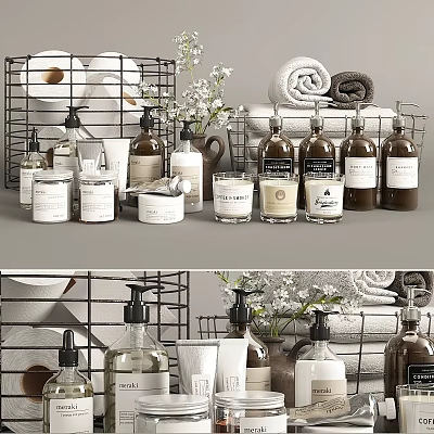 Modern Bathroom Accessories With Rolled Towels Scented Candles Storage Baskets And Soap Dispensers 3d model