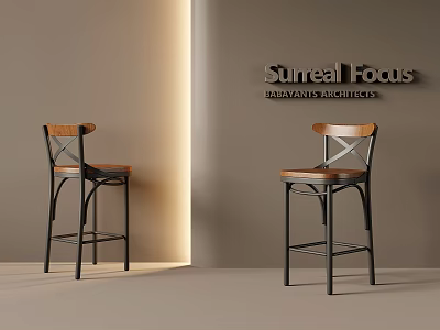 Two Bar Stools With Wooden Backrest And Black Metal Legs In Surreal Focus 3d model