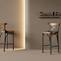 Two Bar Stools With Wooden Backrest And Black Metal Legs In Surreal Focus