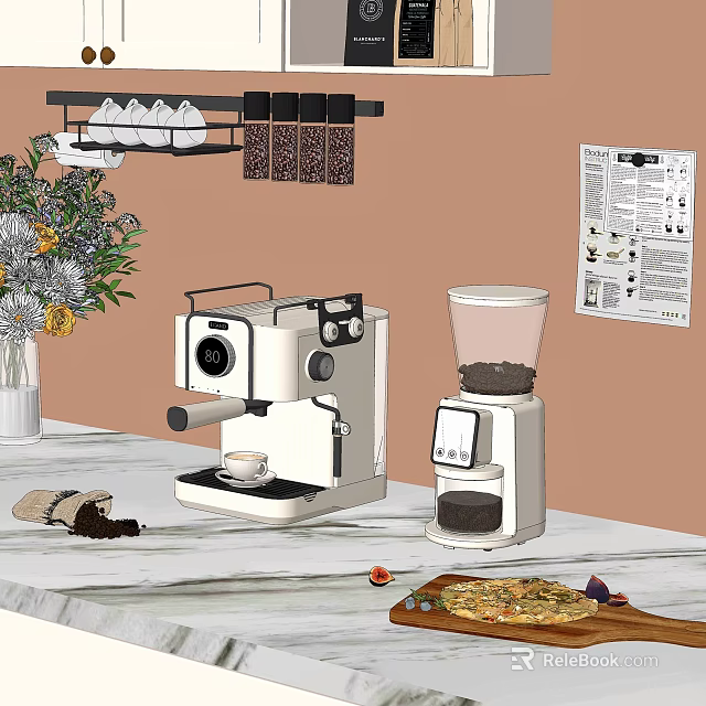 Coffee Machine And Grinder On Marble Countertop With Fresh Flowers Coffee Beans And Pizza 3d model 