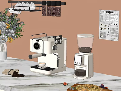 Coffee Machine And Grinder On Marble Countertop With Fresh Flowers Coffee Beans And Pizza 3d model