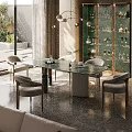 Modern Dining Table Set with Glass Top Metal Legs and Grey Upholstered Chairs