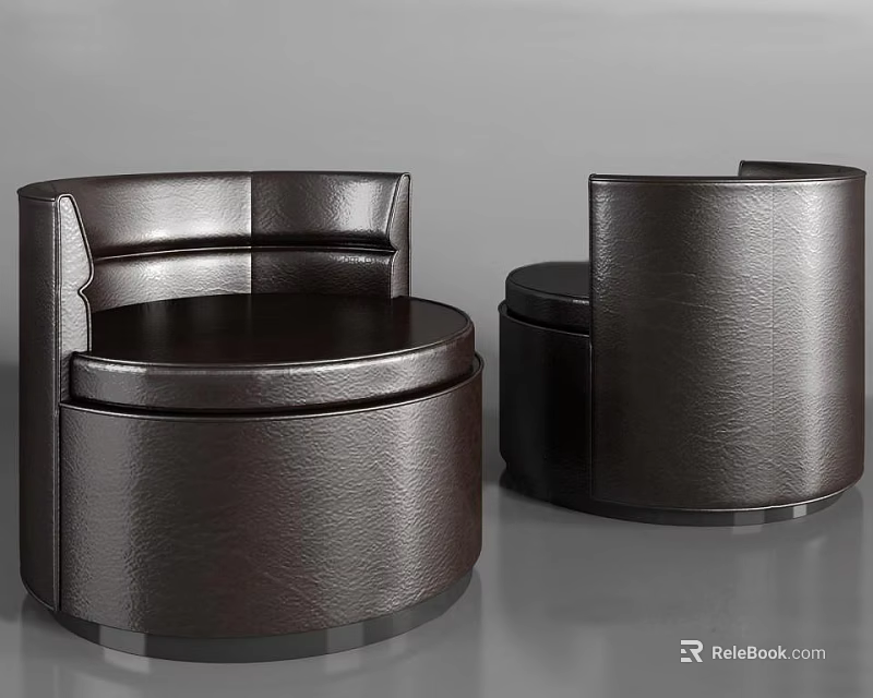 Two Modern Dark Brown Leather Single Sofas With Curved Round Design 3d model 