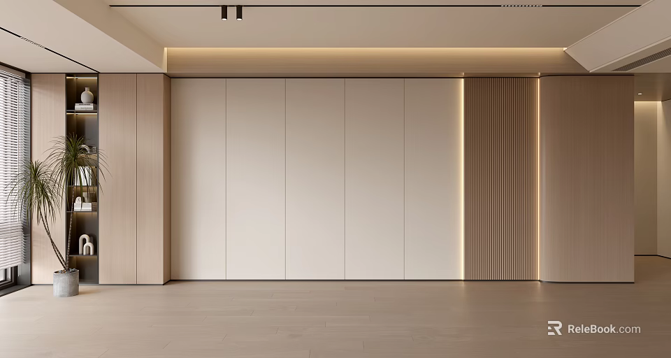 Modern Minimalist Background Wall Design With Wooden Panels White Surface And LED Lighting 3d model 