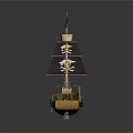 Pirate Ship Model with Yellow Hull Purple Skull Flag Round Windows and Deck Details