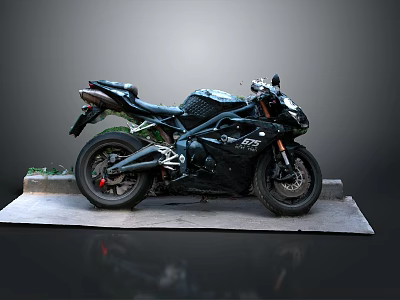 Black Sporty Motorcycle With Racing Design On Platform Against Gray Background 3d model