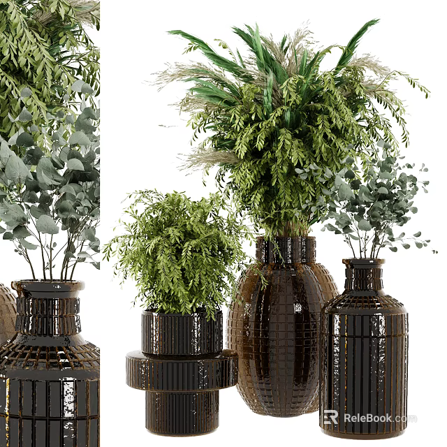 Dark Textured Ceramic Vases With Lush Green Foliage Arranged In Various Sizes 3d model 