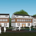 Modern Rural Self built House With White Exterior Green Lawn And People Gathering