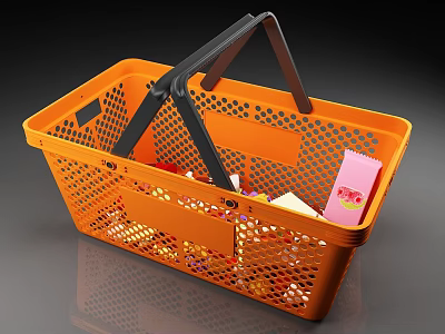Commercial Shopping Basket Orange with Black Handle and Assorted Items Inside 3d model
