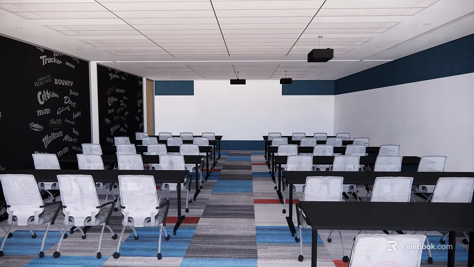 Conference Room Interior With White Chairs Black Tables Colorful Carpet Ceiling Pendants 3d model 