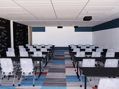Conference Room Interior With White Chairs Black Tables Colorful Carpet Ceiling Pendants 3d model
