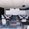 Conference Room Interior With White Chairs Black Tables Colorful Carpet Ceiling Pendants