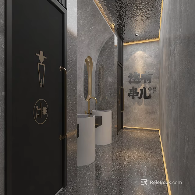 Modern Public Restroom Interior With Gray Walls White Sinks Gold Faucets And Mirrors 3d model 