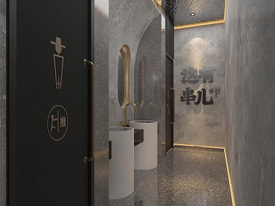 Modern Public Restroom Interior With Gray Walls White Sinks Gold Faucets And Mirrors 3d model