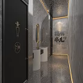 Modern Public Restroom Interior With Gray Walls White Sinks Gold Faucets And Mirrors