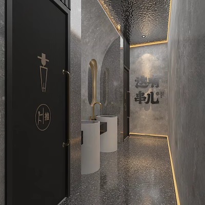 Modern Public Restroom Interior With Gray Walls White Sinks Gold Faucets And Mirrors 3d model