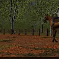 Scenic Rural Landscape With Person Riding Horse Trees Fallen Leaves And Wooden Fence