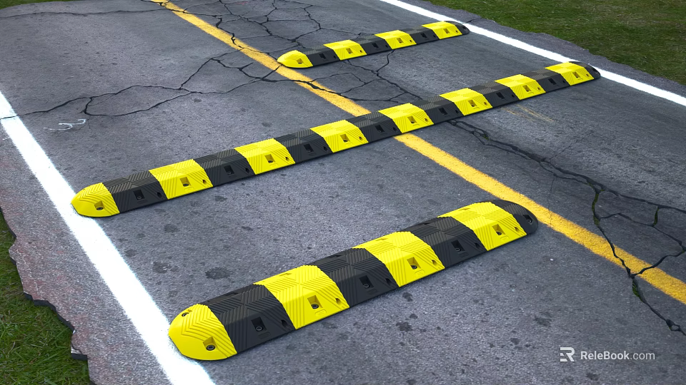 Road Infrastructure Featuring Yellow Black Speed Bumps and Asphalt Traffic Lines 3d model 