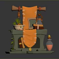 Decorative Furniture Shelf With Orange Cloth Scroll Potted Plant And Decorative Bottle