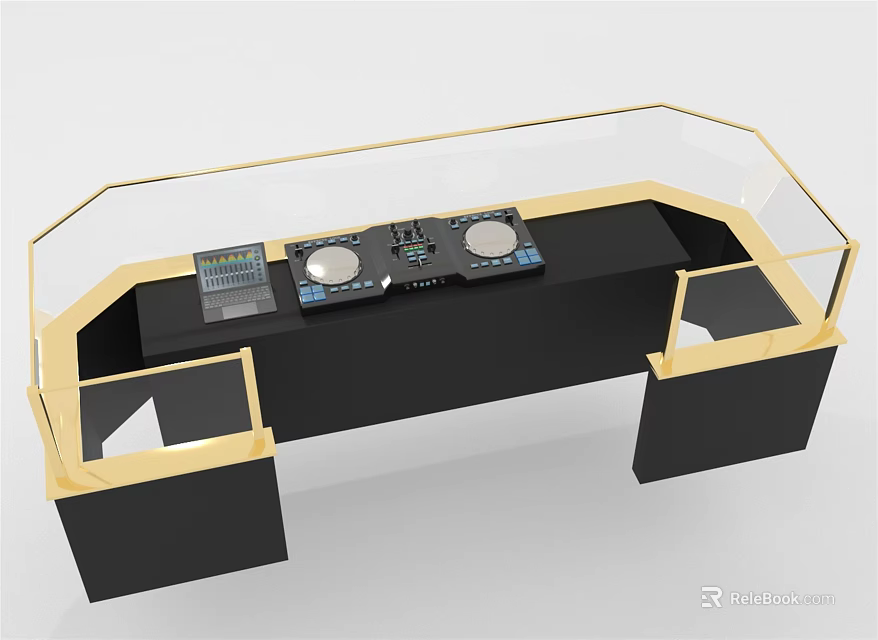 Commercial Equipment Workstation With Black Countertop Golden Frame And Transparent Glass Cover 3d model 
